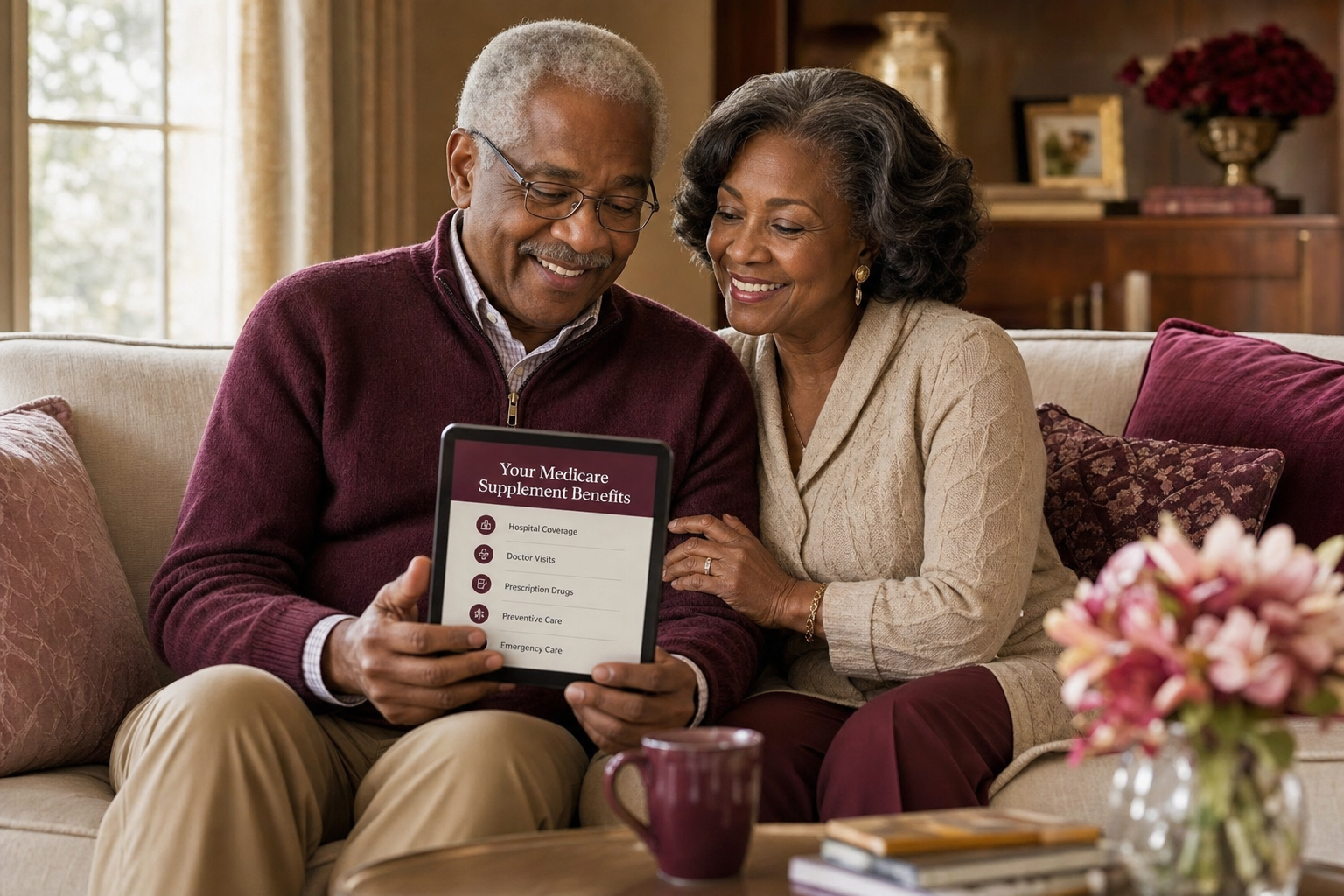 A senior couple reviewing their Medicare Supplement benefits at home
